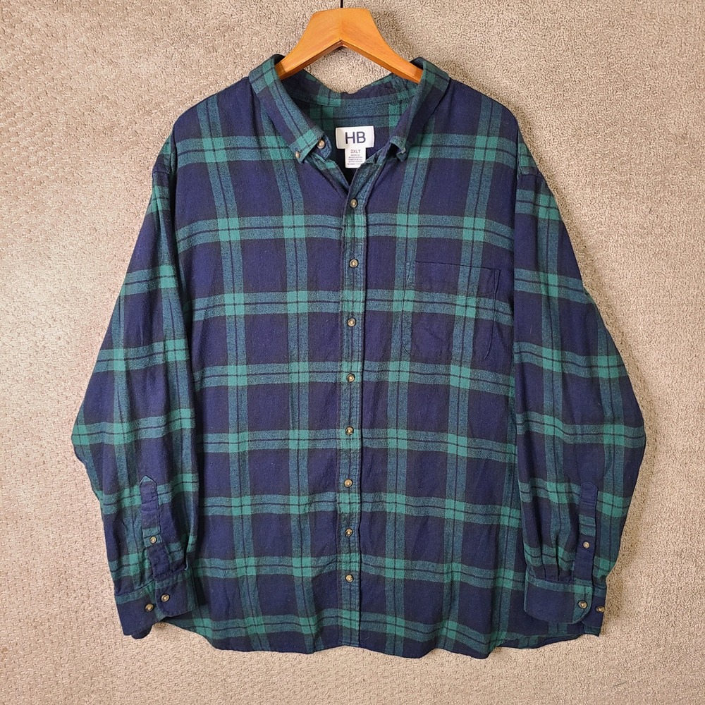 Harbor Bay Shirt Men 2XLT Blue Green Plaid Button Up Flannel Cotton Long Sleeve